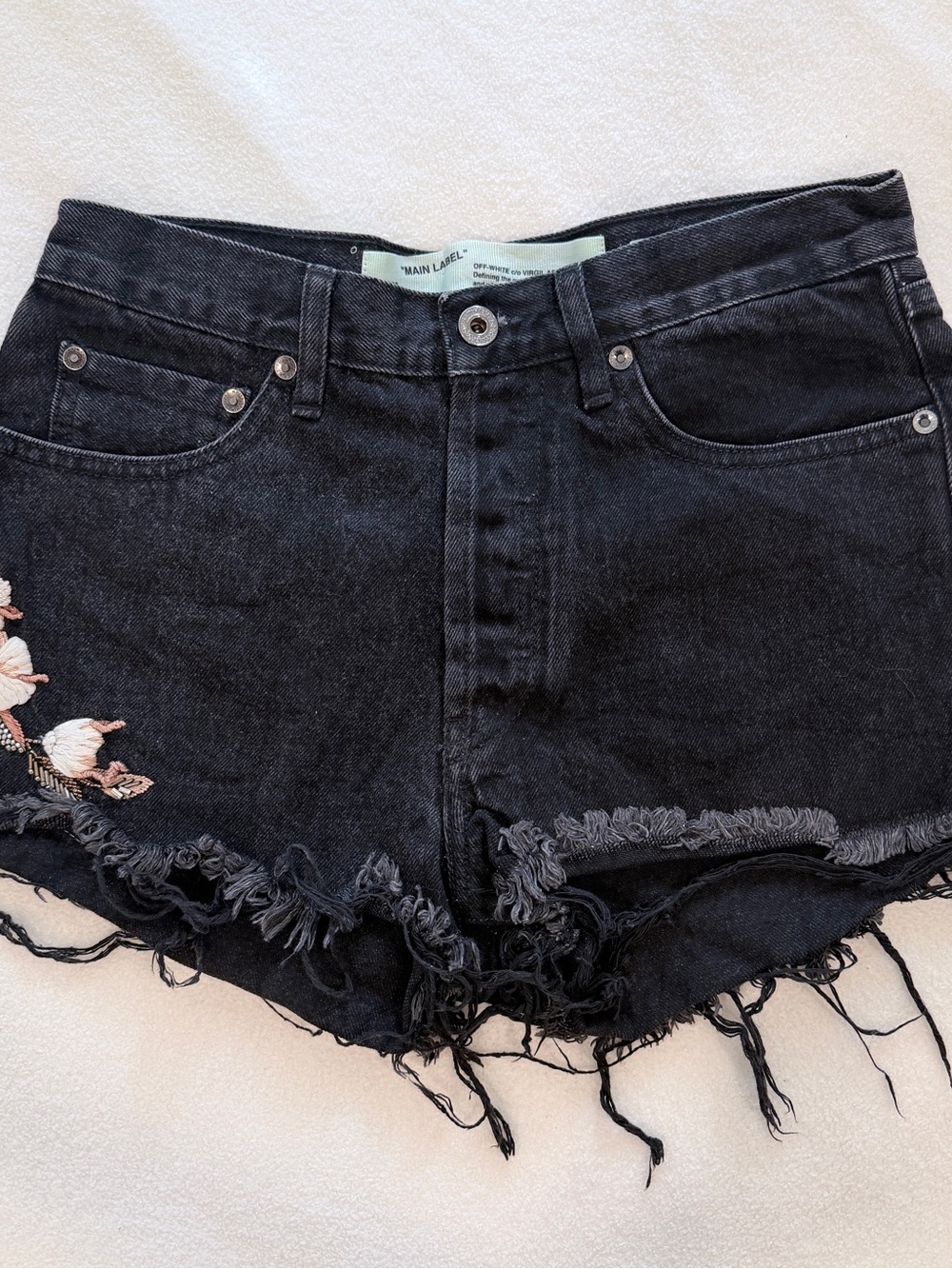 Off-White Virgil Abloh Black Denim Short Floral Embroidered Striped Pocket Sz 25